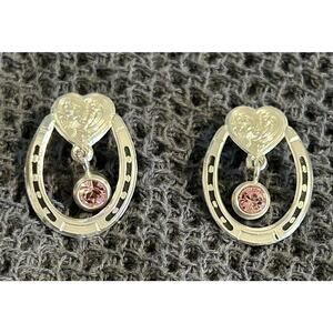 Montana Silversmiths Lucky Horseshoe Heart Earrings With Pink Rhinestone Dangles